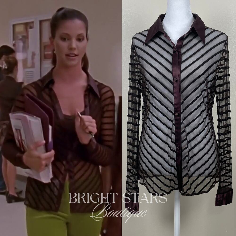 Super Rare Brown Sheer Stripe Top ASO Cordelia Chase Buffy The Vampire Slayer